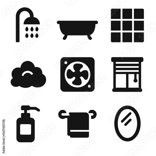 Bathroom Icon Set. Solid, filled icon set of bathroom environment features: showerhead, bathtub, tiled wall, steam cloud,