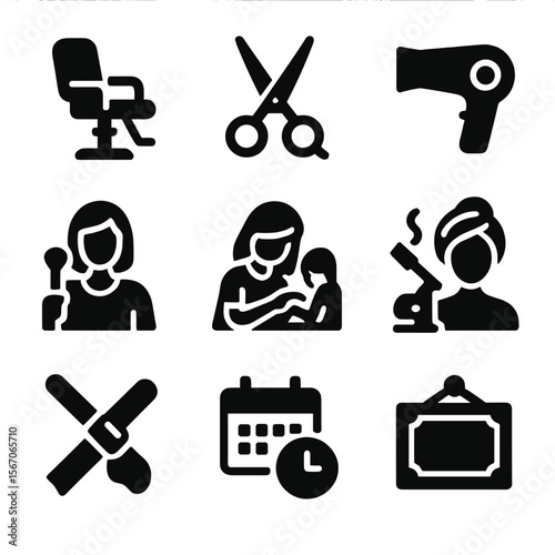 Beauty Salon Icons. Solid, filled icon set of beauty salon and services: hair stylist chair, barber scissors, blow dryer, makeup