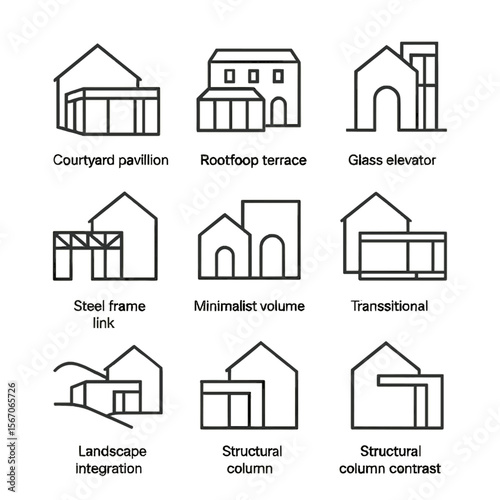 Heritage Structure Icons. Outline icon set of modern additions to heritage structures: courtyard pavilion insertion, rooftop