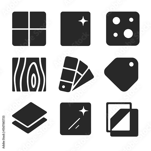Architectural Icon Grid. Solid, filled icons set of architectural surface samples: matte finish tile,