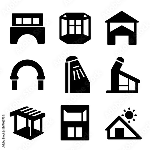 Architectural Light Icons. Solid, filled icons set of architectural elements for light: clerestory window, bay