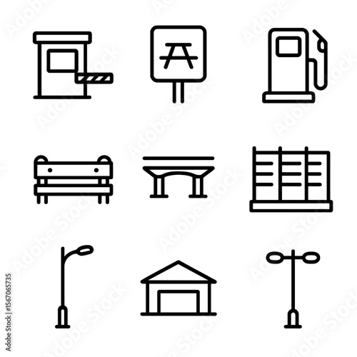 Highway Icon Set. Outline icon set of highway infrastructure and amenities: toll booth kiosk, rest area sign, fuel station pump,