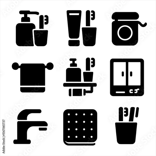Bathroom Accessories Icons. Solid, filled icon set of bathroom accessories with toothbrush holders: soap dispenser, toothpaste