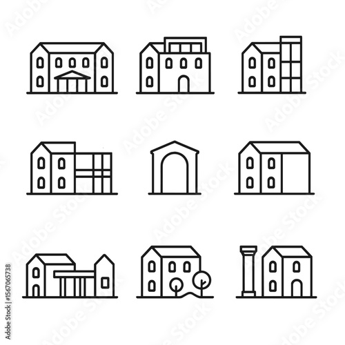 Heritage Structure Icons. Outline icon set of modern additions to heritage structures: courtyard pavilion insertion, rooftop
