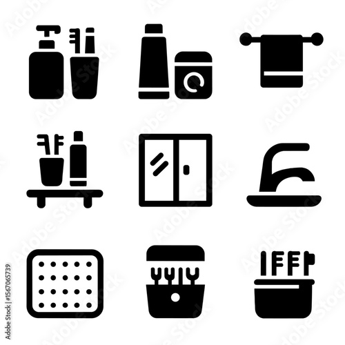 Bathroom Accessories Icons. Solid, filled icon set of bathroom accessories with toothbrush holders: soap dispenser, toothpaste
