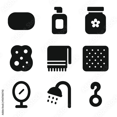 Bathroom Accessories Icons. Solid, filled icon set of bathroom accessories: soap bar, shampoo bottle, bath salts jar, bath sponge,