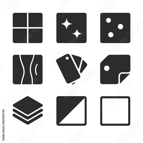 Architectural Icon Grid. Solid, filled icons set of architectural surface samples: matte finish tile,