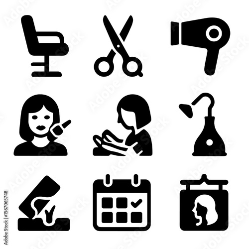 Beauty Salon Icons. Solid, filled icon set of beauty salon and services: hair stylist chair, barber scissors, blow dryer, makeup