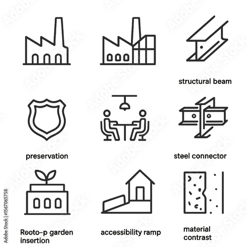 Historic Industrial Reimagined. Outline icon set of adaptive reuse of historic industrial buildings: factory silhouette, modern