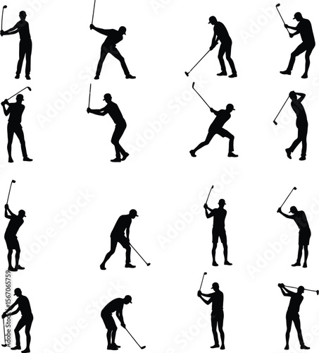 Golf player silhouettes action shots diverse poses
