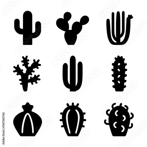 Cactus Icon Set. Solid, filled icon set of cactus varieties: saguaro, prickly pear, barrel cactus, cholla, organ pipe, hedgehog