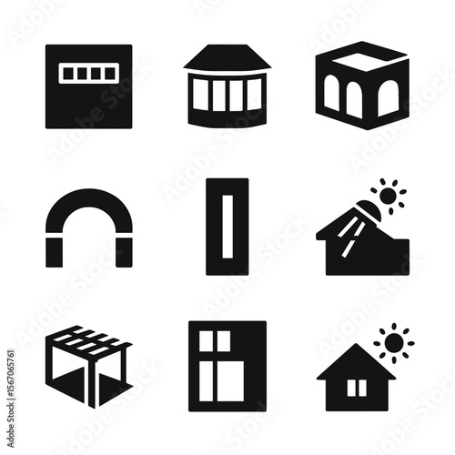 Architectural Light Icons. Solid, filled icons set of architectural elements for light: clerestory window, bay