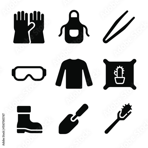 Cactus Gear Icon Set. Solid, filled icon set of cactus protection gear: leather gloves, thick apron, tweezers, goggles, long
