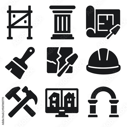 Architectural Restoration Icons. Solid, filled icons set of architectural restoration projects: scaffolding
