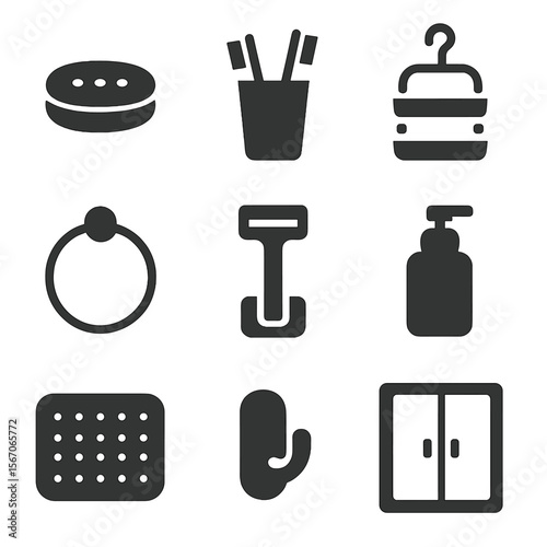 Bathroom Accessory Icons. Solid, filled icon set of bathroom accessories: soap dish, toothbrush holder, shower caddy, towel ring,