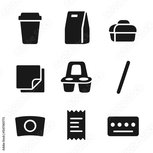 Café Packaging Icons. Solid, filled icon set of café takeaway packaging: coffee cup with lid, paper bag, dessert box, drink