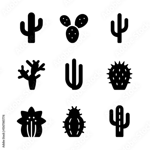 Cactus Icon Set. Solid, filled icon set of cactus varieties: saguaro, prickly pear, barrel cactus, cholla, organ pipe, hedgehog
