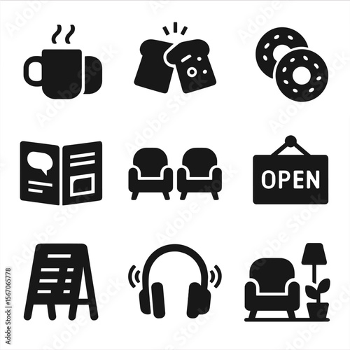 Cafe Icon Grid. Solid, filled icon set of cafe and hangout time: coffee mugs, toast clink, donuts, comic book, comfy chairs, open