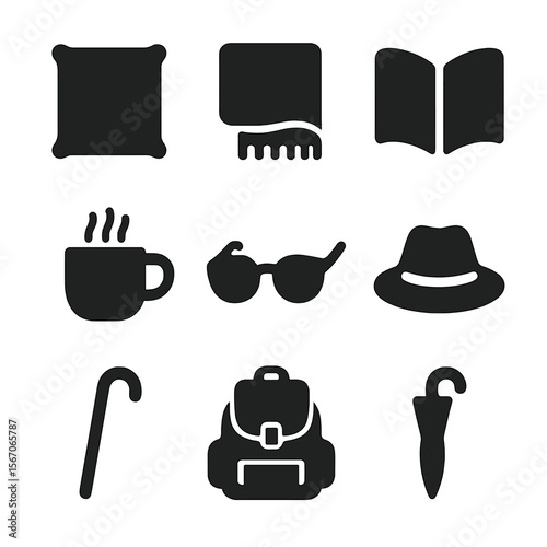 Bench Accessories Icons. Solid, filled icon set of bench accessories: cushion, blanket, book, coffee cup, sunglasses, hat, walking