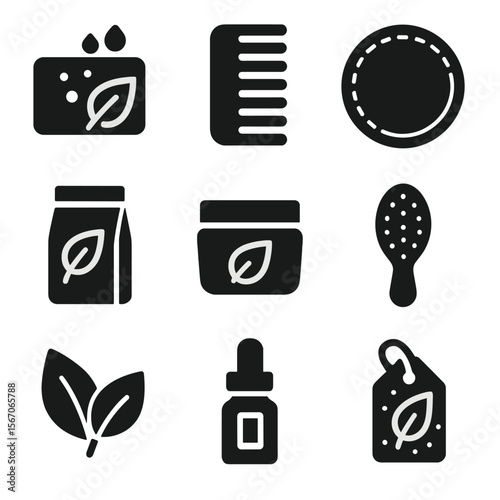 Biodegradable Beauty Icons. Solid, filled icon set of biodegradable beauty products: natural soap, bamboo comb, reusable cotton