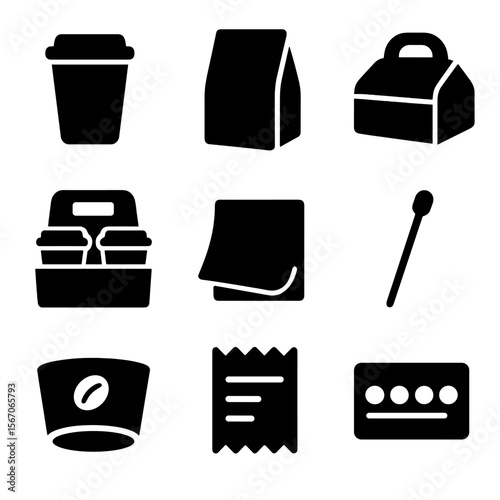 Café Packaging Icons. Solid, filled icon set of café takeaway packaging: coffee cup with lid, paper bag, dessert box, drink