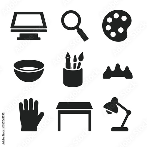 Calligraphy Workshop Icons. Solid, filled icon set of calligraphy workshop elements: lightbox table, magnifier lens, palette tray,