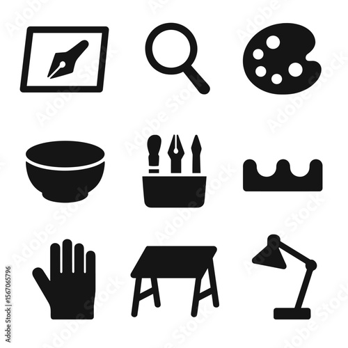 Calligraphy Workshop Icons. Solid, filled icon set of calligraphy workshop elements: lightbox table, magnifier lens, palette tray,