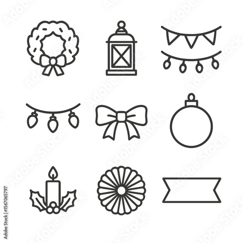 Holiday Decoration Icons. Outline icon set of holiday decorations and ornaments: wreath, lantern, bunting flags, string lights,