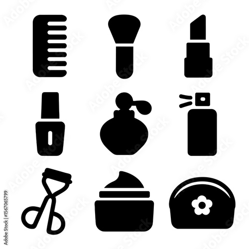 Beauty Tools Icons. Solid, filled icon set of beauty and styling tools: hair comb, makeup brush, lipstick, nail polish, perfume
