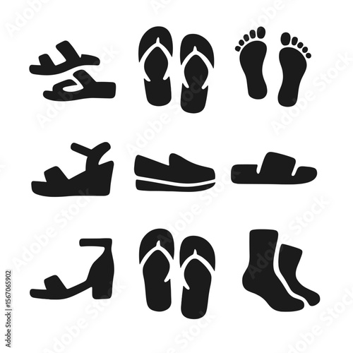 Beach Footwear Icons. Solid, filled icon set of beach footwear: sandals, flip flops, barefoot, wedge heels, espadrilles, slides,