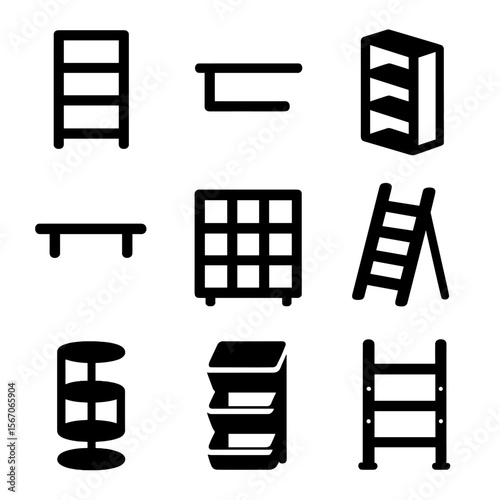 Black Bookcase Icons. Solid, filled icon set of bookcase types: tall shelf, short shelf, corner unit, wall-mounted shelf, cubby