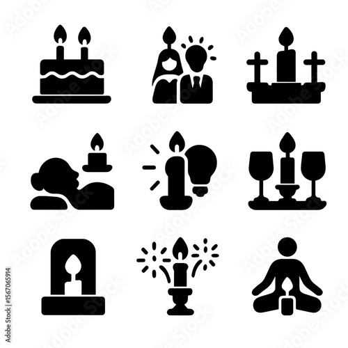 Candle Icon Grid. Solid, filled icon set of candle events: birthday cake, wedding, religious altar, spa session, power outage,