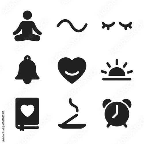 Bedroom Mindfulness Icons. Solid, filled icon set of bedroom mindfulness: sitting figure, breath wave, closed eyes, meditation