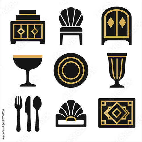 Art Deco Dining Icons. Solid, filled icons set of Art Deco dining set pieces: stepped buffet, fan-back chair,