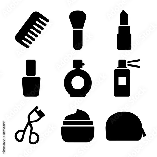 Beauty Tools Icons. Solid, filled icon set of beauty and styling tools: hair comb, makeup brush, lipstick, nail polish, perfume