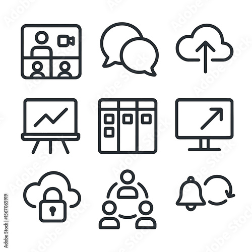 Hybrid Collaboration Icons. Outline icon set of hybrid collaboration tools: video conference call, chat bubble cluster, cloud file
