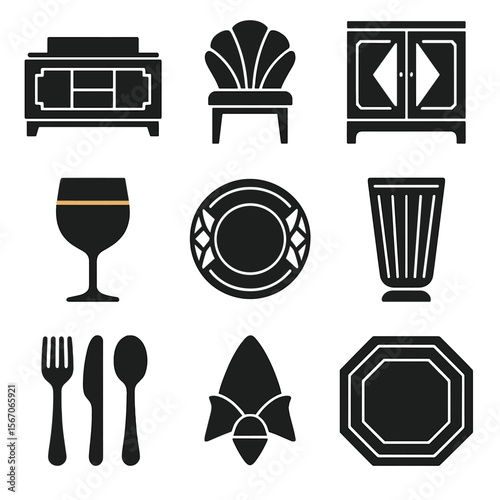 Art Deco Dining Icons. Solid, filled icons set of Art Deco dining set pieces: stepped buffet, fan-back chair,