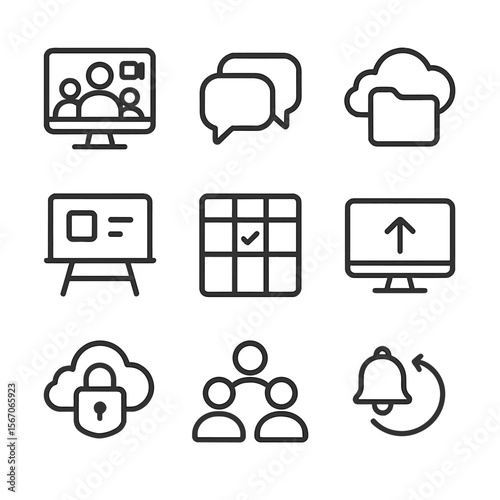 Hybrid Collaboration Icons. Outline icon set of hybrid collaboration tools: video conference call, chat bubble cluster, cloud file