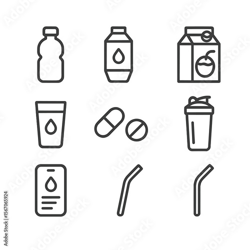 Hydration Essentials Icons. Outline icon set of hydration and supplement essentials: water bottle, electrolyte drink pouch,