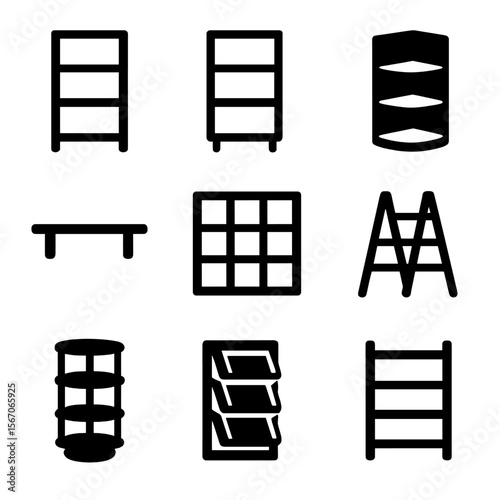Black Bookcase Icons. Solid, filled icon set of bookcase types: tall shelf, short shelf, corner unit, wall-mounted shelf, cubby