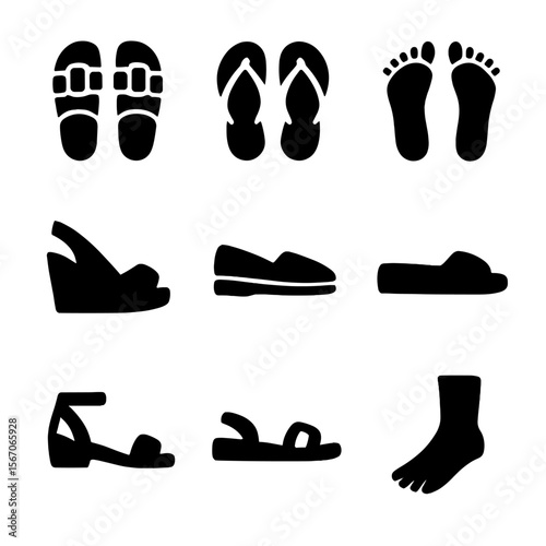Beach Footwear Icons. Solid, filled icon set of beach footwear: sandals, flip flops, barefoot, wedge heels, espadrilles, slides,