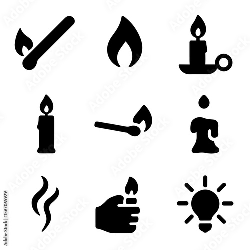 Candle Lighting Icons. Solid, filled icon set of candle lighting process: matchstick, flame, candle holder, lit candle, burning
