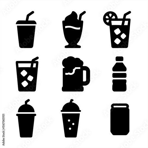 Black Filled Icons. Solid, filled icon set of burger-related drinks: cola cup, milkshake, lemonade, iced tea, root beer, water