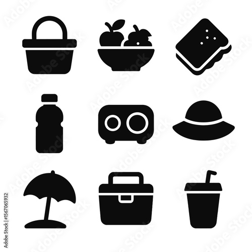 Beach Picnic Icons. Solid, filled icon set of picnic by the sea: picnic basket, fruit bowl, sandwich icon, water bottle, portable