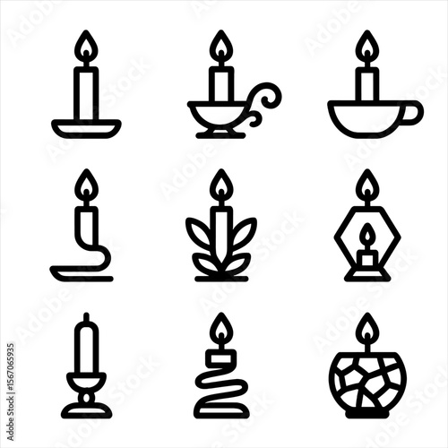 Candle Holder Icons. Solid, filled icon set of candle holder designs: minimalist holder, vintage ornate holder, rustic style
