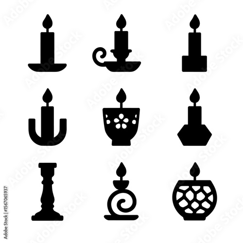 Candle Holder Icons. Solid, filled icon set of candle holder designs: minimalist holder, vintage ornate holder, rustic style