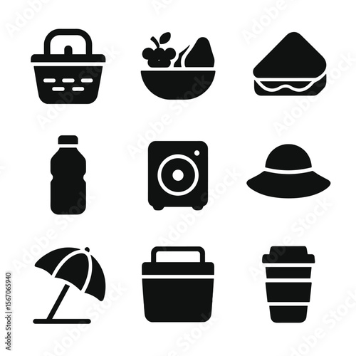 Beach Picnic Icons. Solid, filled icon set of picnic by the sea: picnic basket, fruit bowl, sandwich icon, water bottle, portable