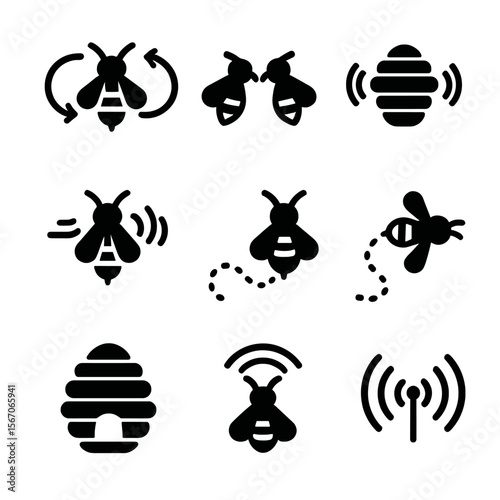 Bee Communication Icons. Solid, filled icon set of bee communication: waggle dance, antenna contact, hive sound, bee vibration,