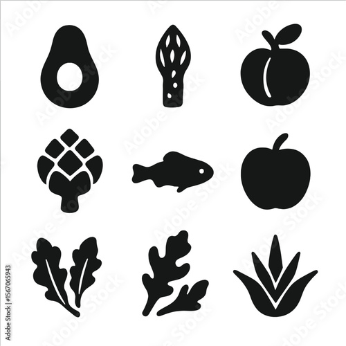 Black Food Icons. Solid, filled icon set of foods starting with A: avocado, almond, asparagus, apricot, artichoke, anchovy, apple,