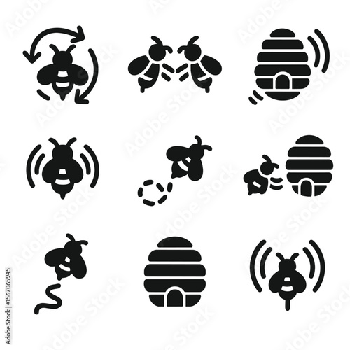 Bee Communication Icons. Solid, filled icon set of bee communication: waggle dance, antenna contact, hive sound, bee vibration,